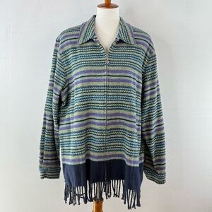 NAPA VALLEY Multicolored Wool Cotton Blend Zip-Up Sweater Jacket with Fringe